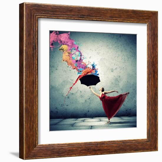 Ballet Dancer In Flying Satin Dress With Umbrella-Sergey Nivens-Framed Art Print