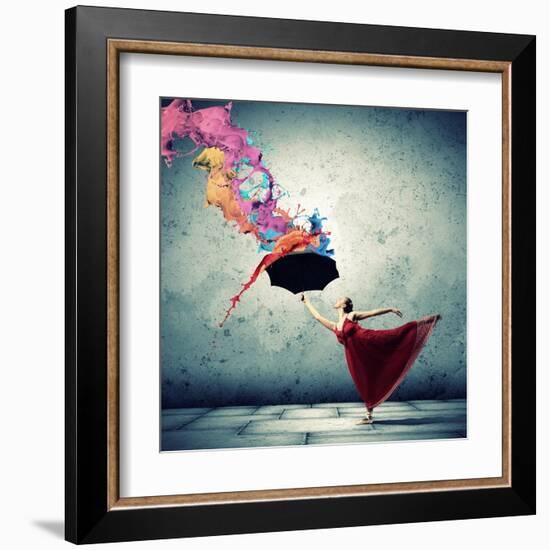 Ballet Dancer In Flying Satin Dress With Umbrella-Sergey Nivens-Framed Art Print