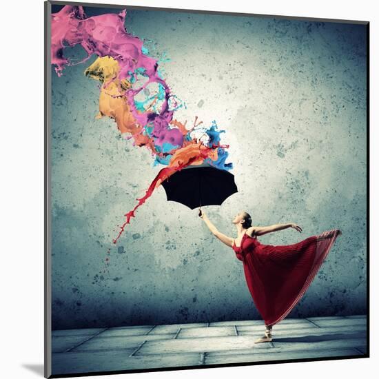 Ballet Dancer In Flying Satin Dress With Umbrella-Sergey Nivens-Mounted Art Print