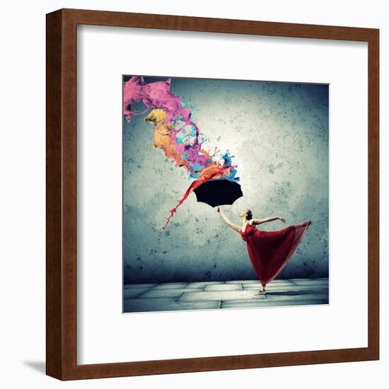 Ballet Dancer In Flying Satin Dress With Umbrella-Sergey Nivens-Framed Art Print