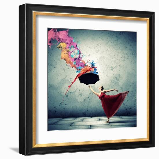 Ballet Dancer In Flying Satin Dress With Umbrella-Sergey Nivens-Framed Art Print