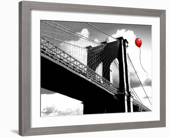 Balloon over Brooklyn Bridge-Masterfunk collective-Framed Art Print