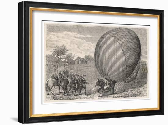 Ballooning Pioneers Charles and Robert Land at Nesles France-null-Framed Art Print