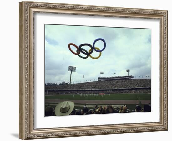 Balloons in the Shape of the Olympic Rings Being Released at the Summer Olympics Opening Ceremonies-John Dominis-Framed Photographic Print