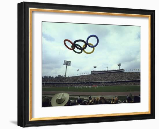 Balloons in the Shape of the Olympic Rings Being Released at the Summer Olympics Opening Ceremonies-John Dominis-Framed Photographic Print