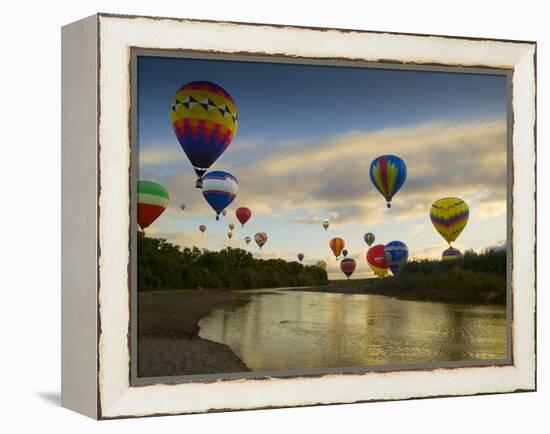 Balloons Soaring About Sandia Mountains and Rio Grande River During Albuquerque Balloon Fiesta-James Shive-Framed Premier Image Canvas