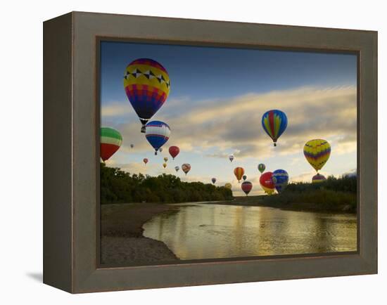 Balloons Soaring About Sandia Mountains and Rio Grande River During Albuquerque Balloon Fiesta-James Shive-Framed Premier Image Canvas