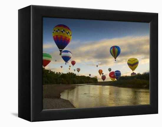 Balloons Soaring About Sandia Mountains and Rio Grande River During Albuquerque Balloon Fiesta-James Shive-Framed Premier Image Canvas