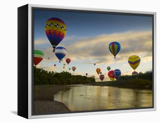 Balloons Soaring About Sandia Mountains and Rio Grande River During Albuquerque Balloon Fiesta-James Shive-Framed Premier Image Canvas