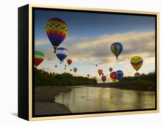 Balloons Soaring About Sandia Mountains and Rio Grande River During Albuquerque Balloon Fiesta-James Shive-Framed Premier Image Canvas