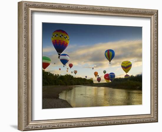 Balloons Soaring About Sandia Mountains and Rio Grande River During Albuquerque Balloon Fiesta-James Shive-Framed Photographic Print