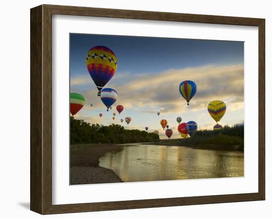 Balloons Soaring About Sandia Mountains and Rio Grande River During Albuquerque Balloon Fiesta-James Shive-Framed Photographic Print