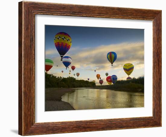 Balloons Soaring About Sandia Mountains and Rio Grande River During Albuquerque Balloon Fiesta-James Shive-Framed Photographic Print