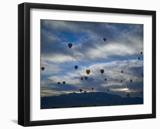 Balloons Soaring About Sandia Mountains During Albuquerque Balloon Fiesta-James Shive-Framed Photographic Print