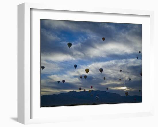 Balloons Soaring About Sandia Mountains During Albuquerque Balloon Fiesta-James Shive-Framed Photographic Print