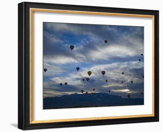 Balloons Soaring About Sandia Mountains During Albuquerque Balloon Fiesta-James Shive-Framed Photographic Print