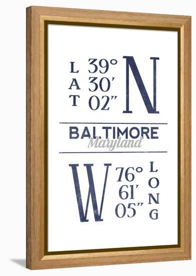 Baltimore, Maryland - Latitude and Longitude (Blue)-Lantern Press-Framed Stretched Canvas