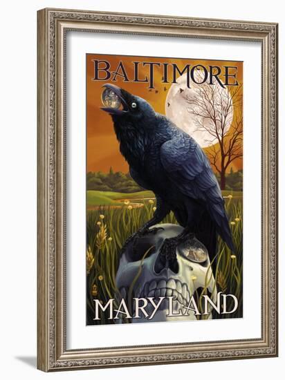 Baltimore, Maryland - Raven and Skull-Lantern Press-Framed Art Print