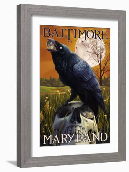 Baltimore, Maryland - Raven and Skull-Lantern Press-Framed Art Print