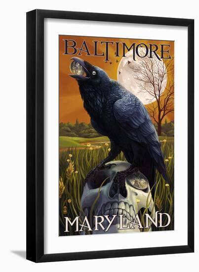 Baltimore, Maryland - Raven and Skull-Lantern Press-Framed Art Print