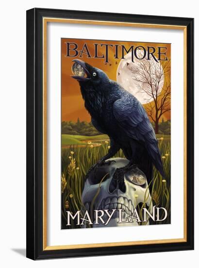 Baltimore, Maryland - Raven and Skull-Lantern Press-Framed Art Print