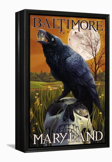 Baltimore, Maryland - Raven and Skull-Lantern Press-Framed Stretched Canvas