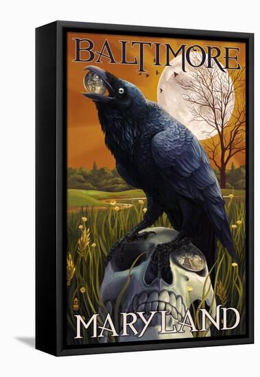 Baltimore, Maryland - Raven and Skull-Lantern Press-Framed Stretched Canvas