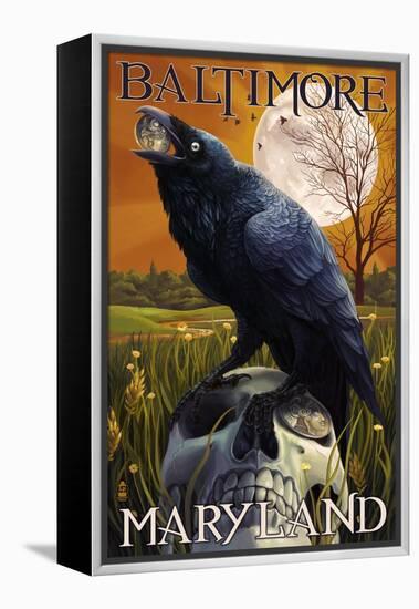 Baltimore, Maryland - Raven and Skull-Lantern Press-Framed Stretched Canvas