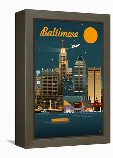 Baltimore, Maryland - Retro Skyline-Lantern Press-Framed Stretched Canvas