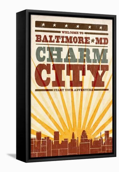 Baltimore, Maryland - Skyline and Sunburst Screenprint Style-Lantern Press-Framed Stretched Canvas