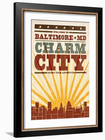 Baltimore, Maryland - Skyline and Sunburst Screenprint Style-Lantern Press-Framed Art Print