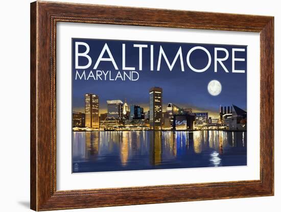 Baltimore, Maryland - Skyline at Night-Lantern Press-Framed Art Print