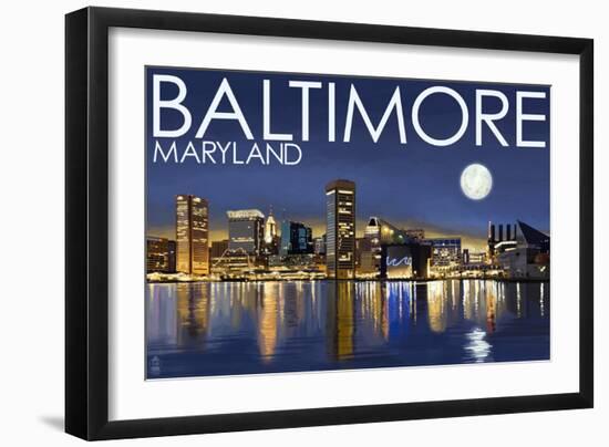 Baltimore, Maryland - Skyline at Night-Lantern Press-Framed Art Print