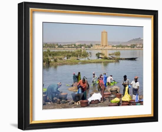 Bamako, Dyeing and Rinsing Cotton Cloth on the Bank of the Niger River Near Bamako, Mali-Nigel Pavitt-Framed Photographic Print