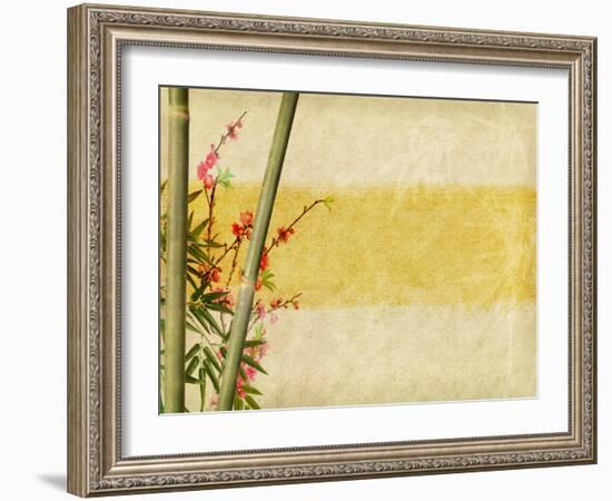 Bamboo And Plum Blossom On Old Antique Paper Texture-kenny001-Framed Art Print