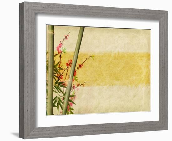 Bamboo And Plum Blossom On Old Antique Paper Texture-kenny001-Framed Art Print