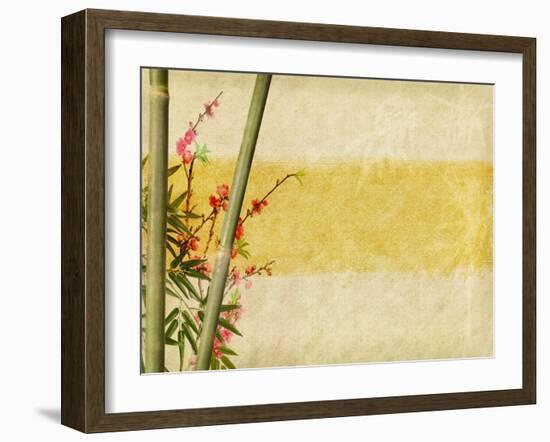 Bamboo And Plum Blossom On Old Antique Paper Texture-kenny001-Framed Art Print