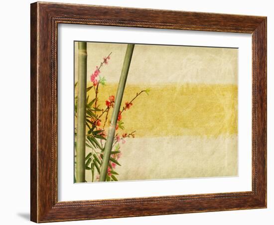 Bamboo And Plum Blossom On Old Antique Paper Texture-kenny001-Framed Art Print