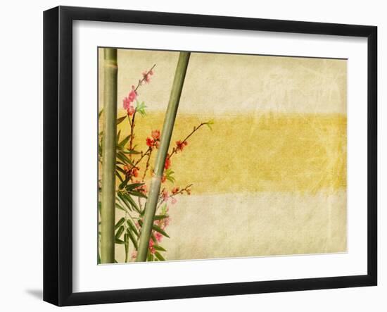 Bamboo And Plum Blossom On Old Antique Paper Texture-kenny001-Framed Art Print