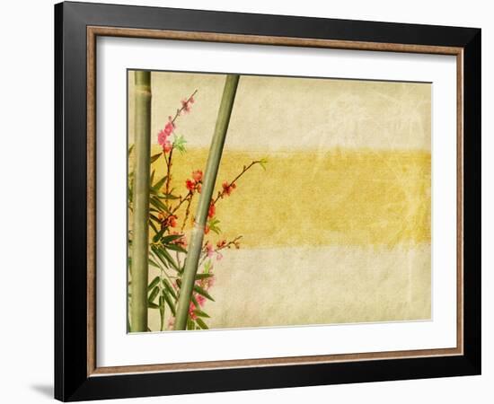 Bamboo And Plum Blossom On Old Antique Paper Texture-kenny001-Framed Art Print