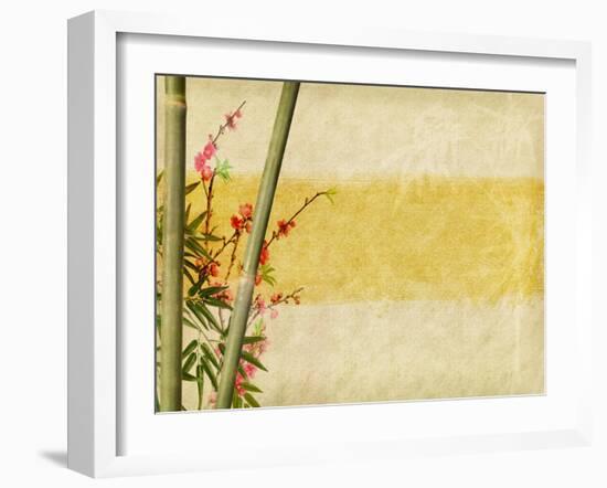 Bamboo And Plum Blossom On Old Antique Paper Texture-kenny001-Framed Art Print