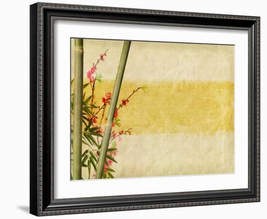 Bamboo And Plum Blossom On Old Antique Paper Texture-kenny001-Framed Art Print