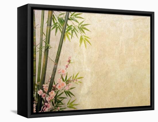 Bamboo and Plum Blossom on Old Antique Paper Texture-kenny001-Framed Stretched Canvas