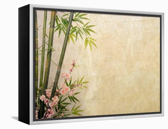 Bamboo and Plum Blossom on Old Antique Paper Texture-kenny001-Framed Stretched Canvas