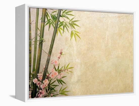 Bamboo and Plum Blossom on Old Antique Paper Texture-kenny001-Framed Stretched Canvas