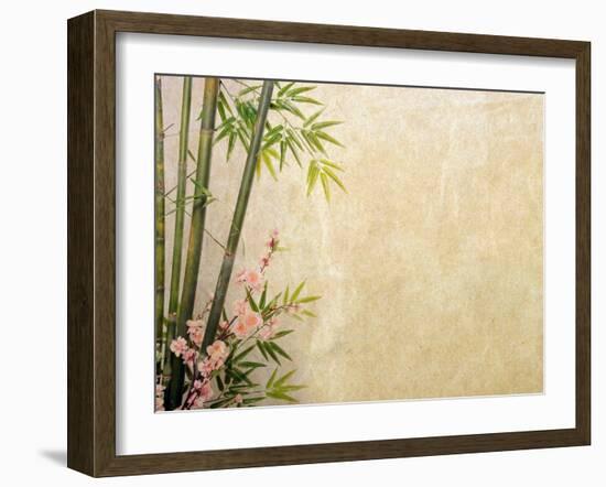 Bamboo and Plum Blossom on Old Antique Paper Texture-kenny001-Framed Art Print