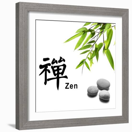 Bamboo Leafs and Zen Stones Isolated on White,The Chinese Word Means Zen.-Liang Zhang-Framed Photographic Print