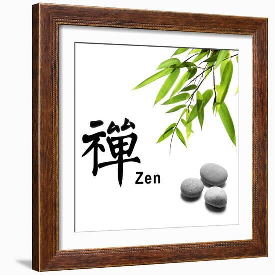 Bamboo Leafs and Zen Stones Isolated on White,The Chinese Word Means Zen.-Liang Zhang-Framed Photographic Print