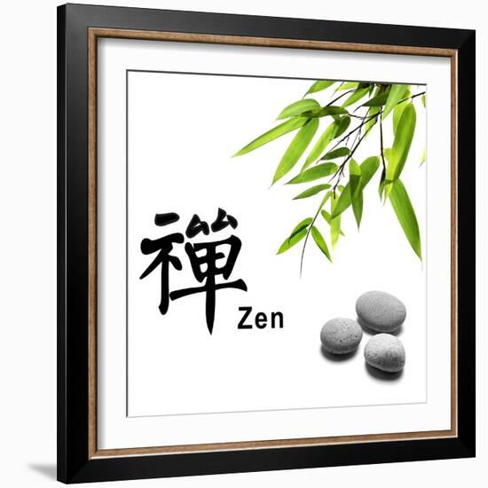 Bamboo Leafs and Zen Stones Isolated on White,The Chinese Word Means Zen.-Liang Zhang-Framed Photographic Print