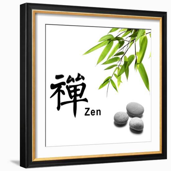 Bamboo Leafs and Zen Stones Isolated on White,The Chinese Word Means Zen.-Liang Zhang-Framed Photographic Print